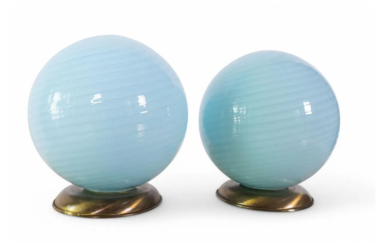 Pair of ribbed blue glass table lamps, 1960s 1