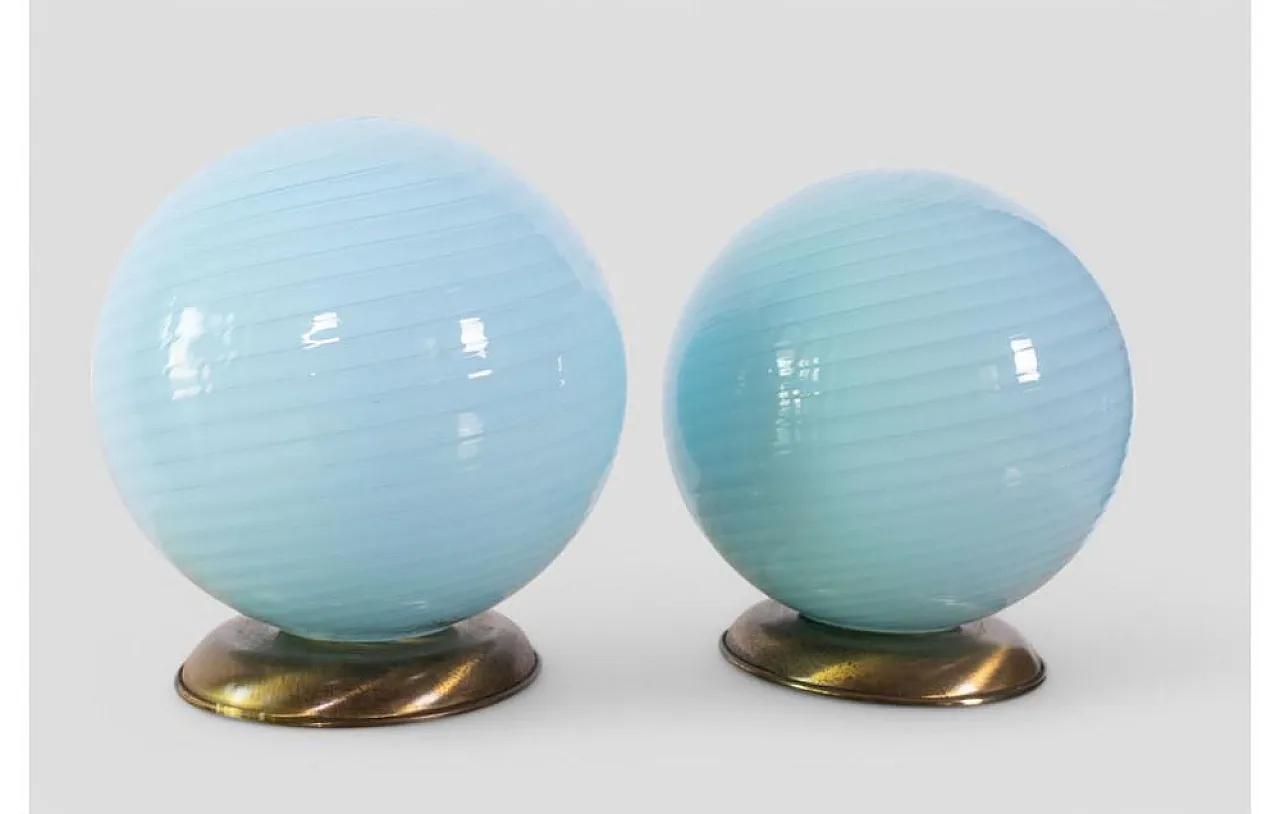 Pair of ribbed blue glass table lamps, 1960s 2