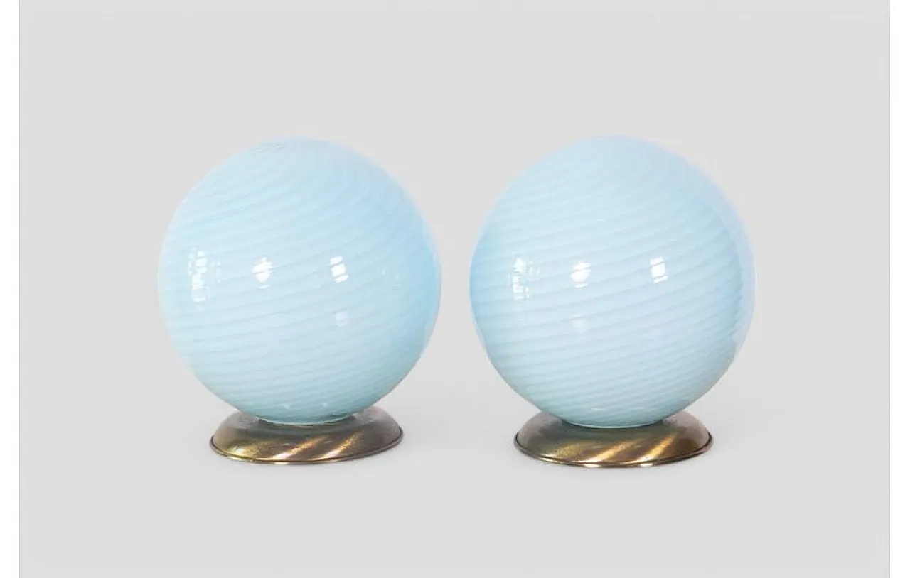 Pair of ribbed blue glass table lamps, 1960s 4