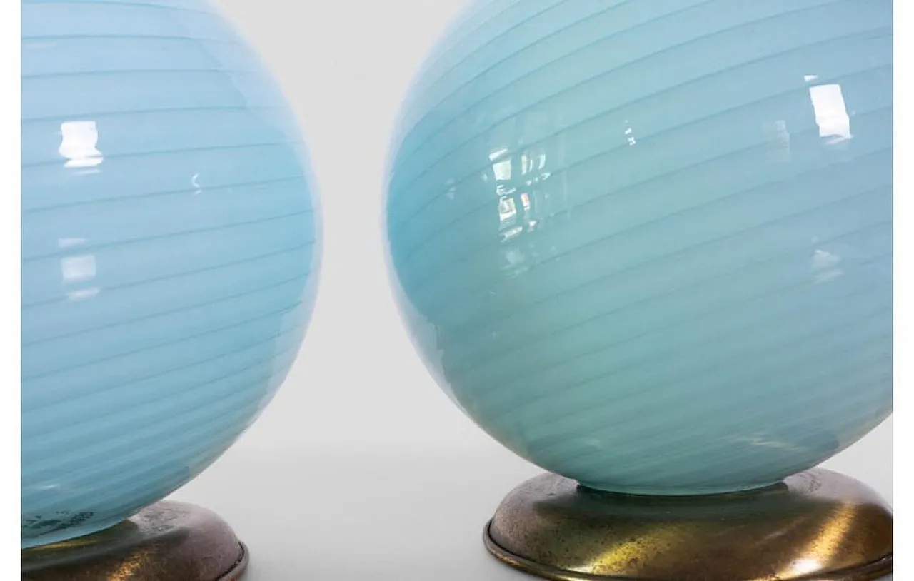 Pair of ribbed blue glass table lamps, 1960s 6