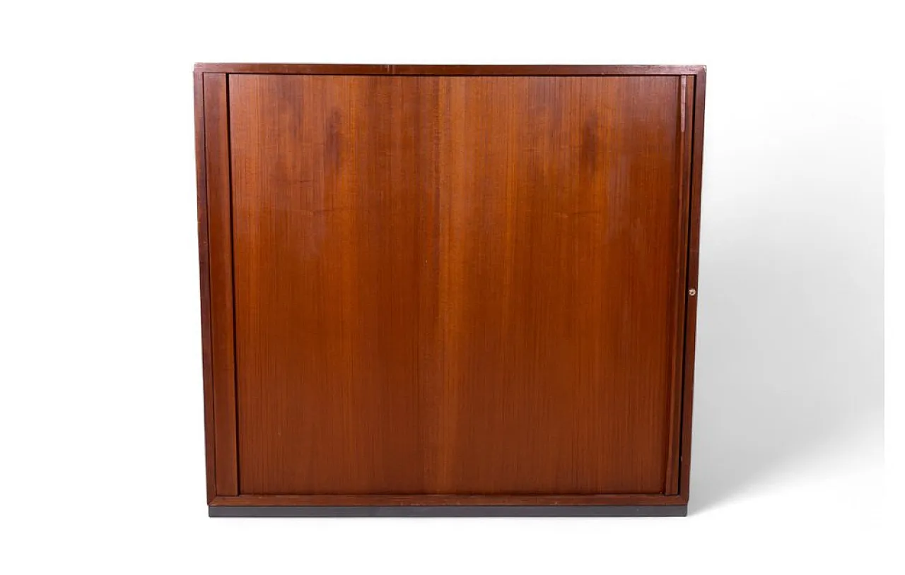 Wooden cabinet with sliding roll-top door and adjustable shelves, 1950 1