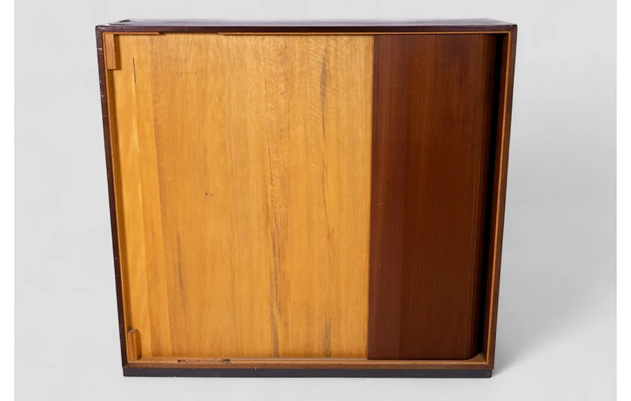 Wooden cabinet with sliding roll-top door and adjustable shelves, 1950 5