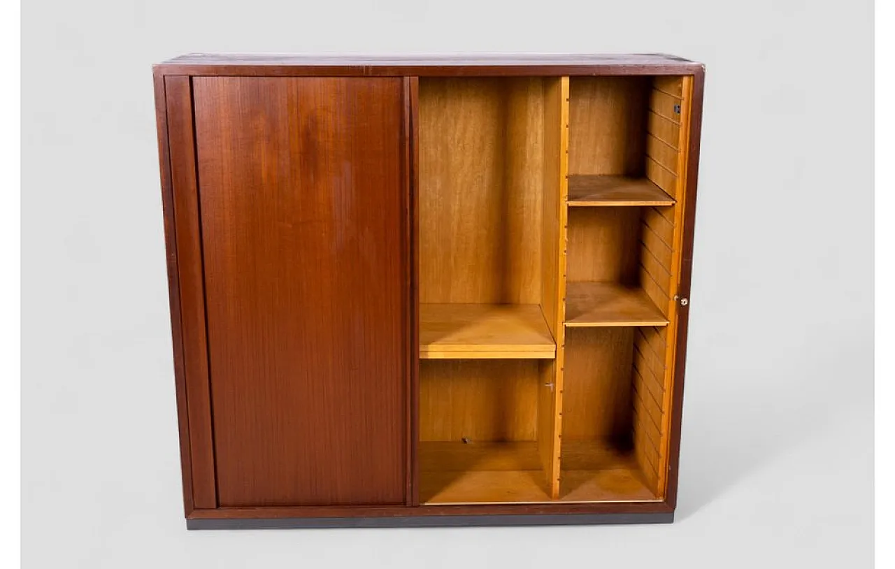 Wooden cabinet with sliding roll-top door and adjustable shelves, 1950 6