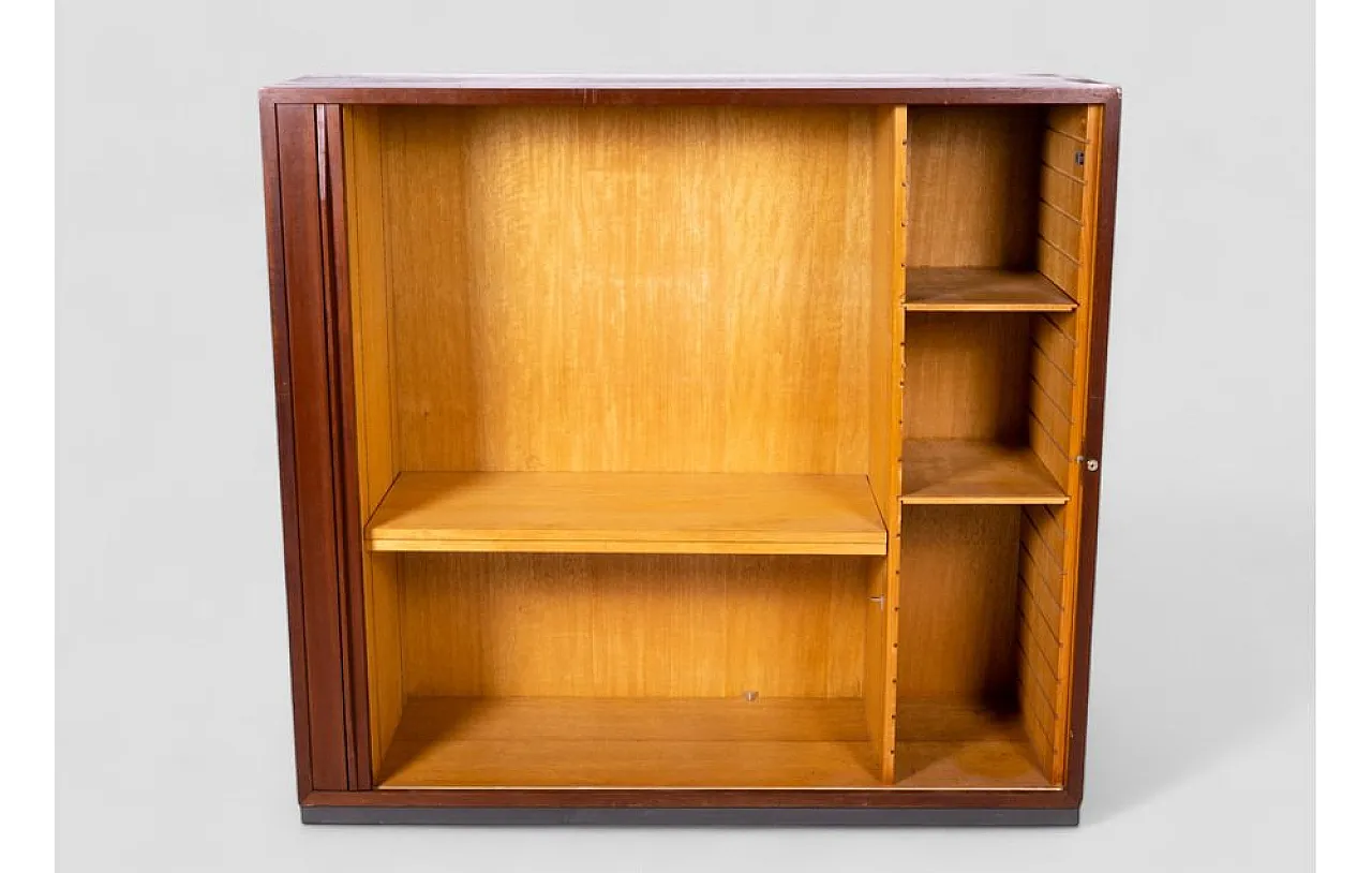 Wooden cabinet with sliding roll-top door and adjustable shelves, 1950 7