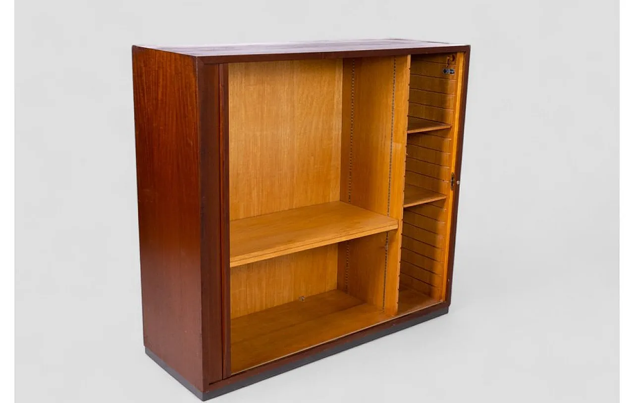 Wooden cabinet with sliding roll-top door and adjustable shelves, 1950 8
