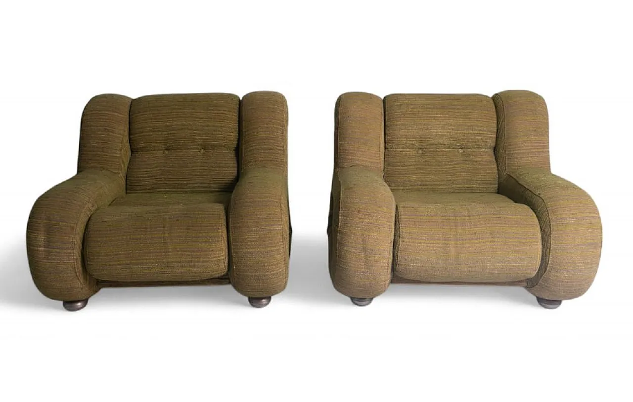 Pair of armchairs with tubular steel frame and olive upholstery, 1980s 1