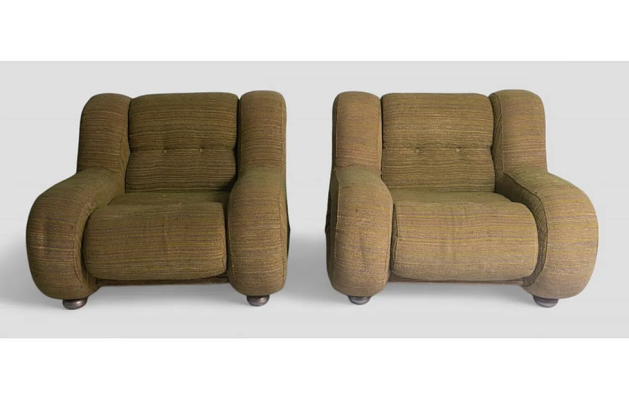 Pair of armchairs with tubular steel frame and olive upholstery, 1980s 2