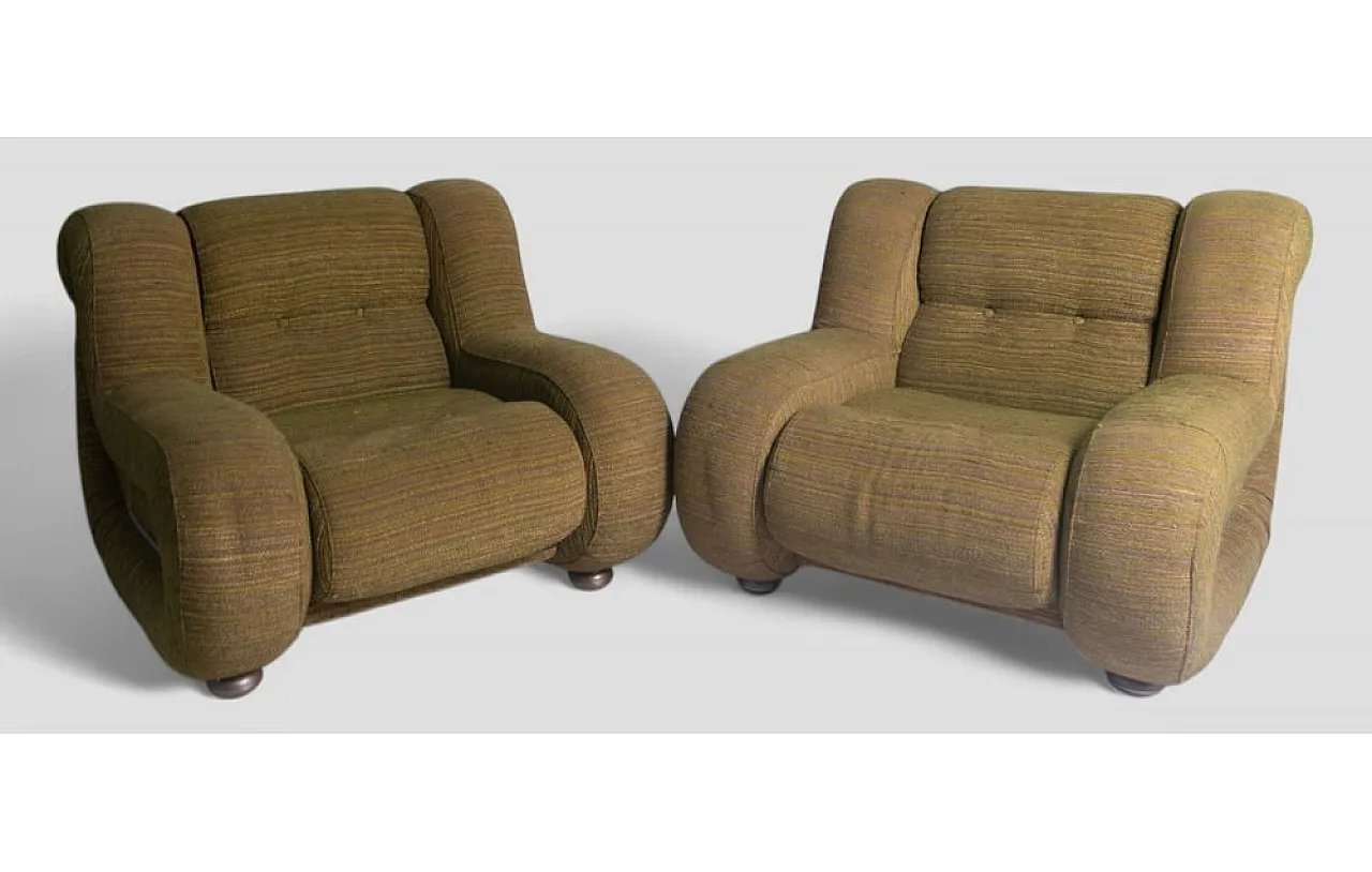 Pair of armchairs with tubular steel frame and olive upholstery, 1980s 3