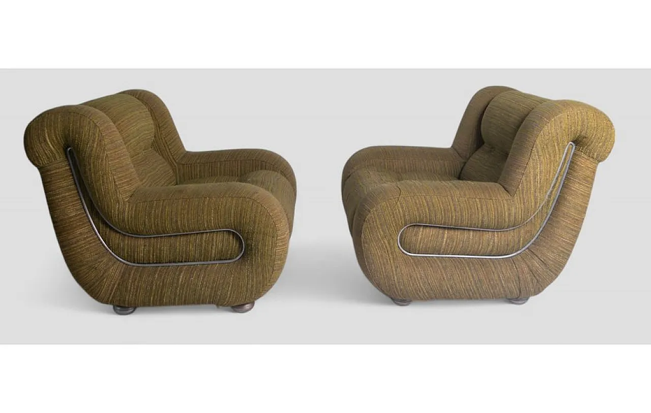Pair of armchairs with tubular steel frame and olive upholstery, 1980s 4