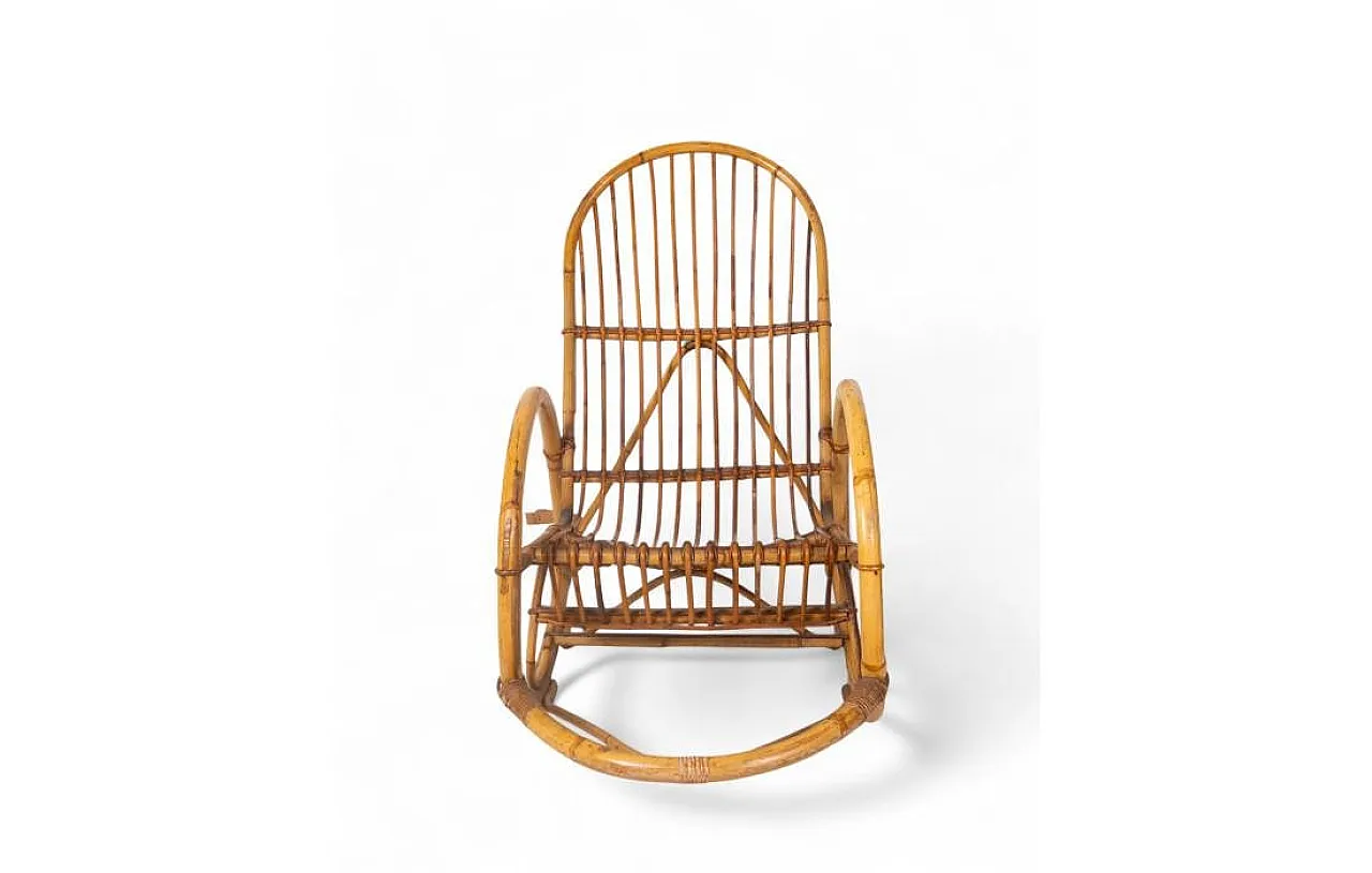 Rocking chair in curved bamboo with vertical slat weave, 1970s 1