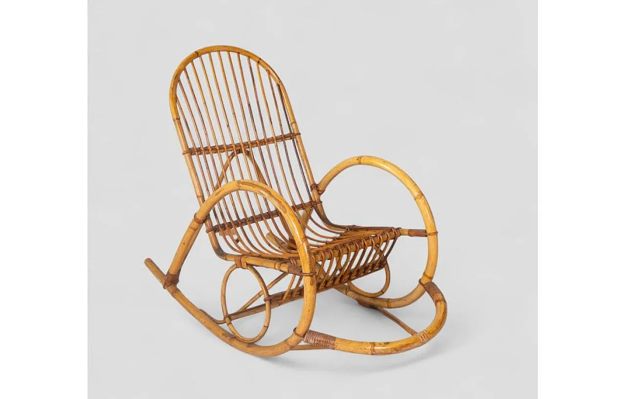 Rocking chair in curved bamboo with vertical slat weave, 1970s 3