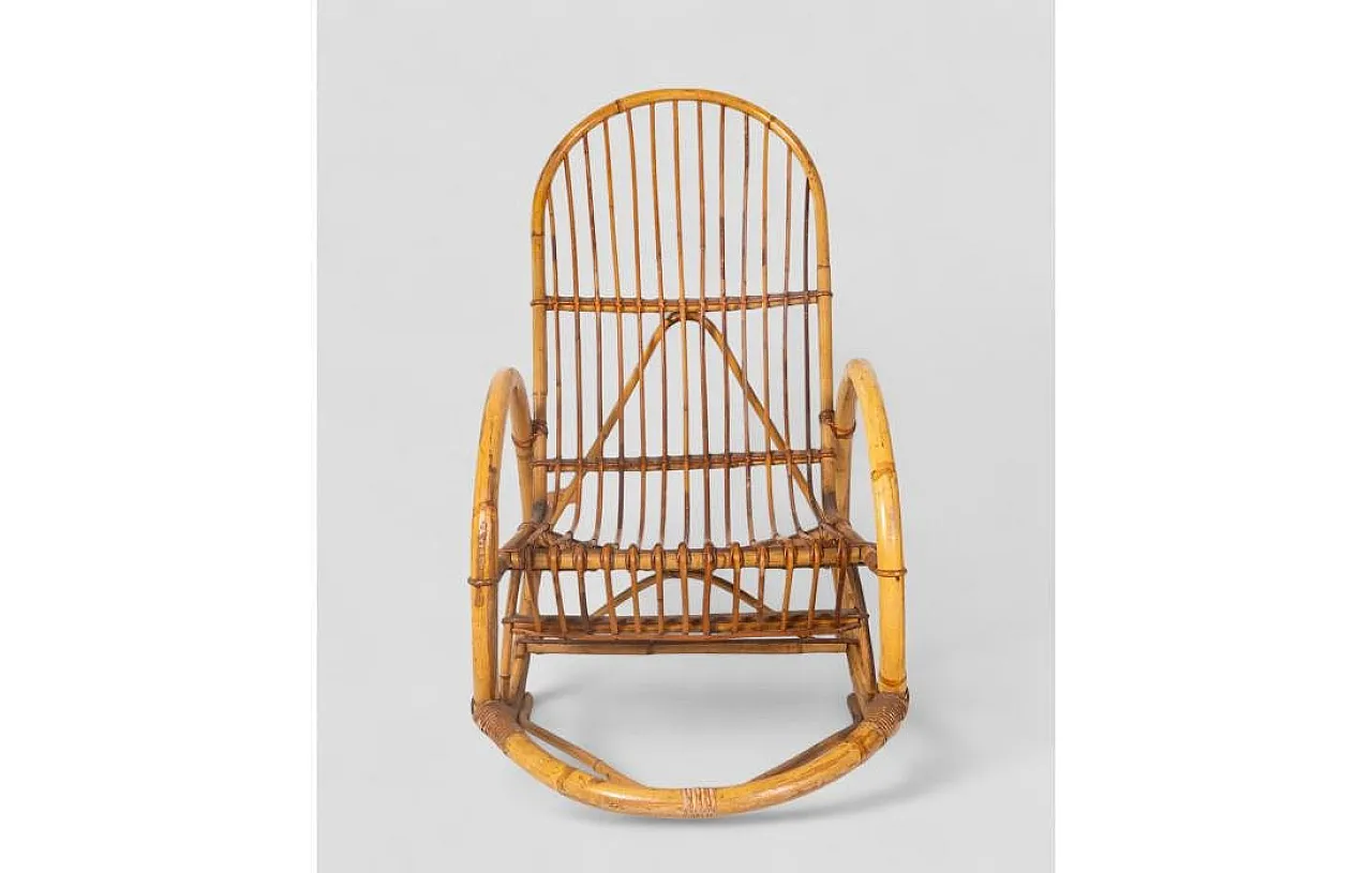 Rocking chair in curved bamboo with vertical slat weave, 1970s 6