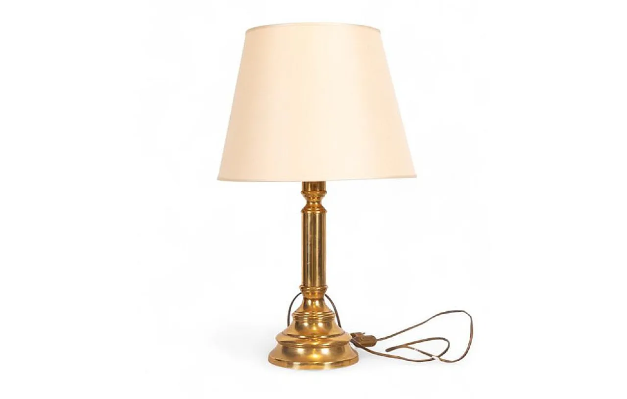 Brass table lamp with ivory fabric lampshade, 1980s 1