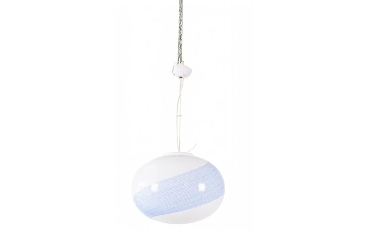 Blown glass pendant lamp with sky-blue spiral decoration, 1970s 1