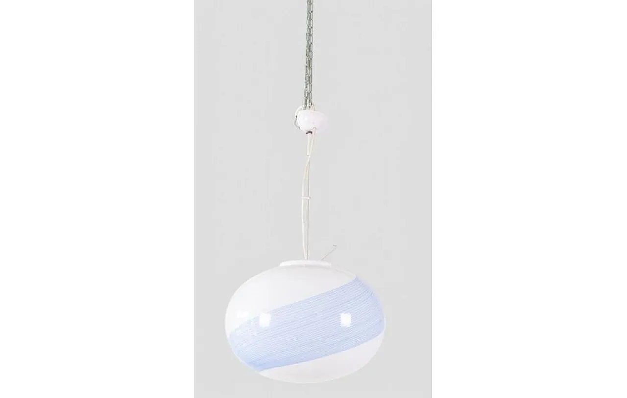 Blown glass pendant lamp with sky-blue spiral decoration, 1970s 2