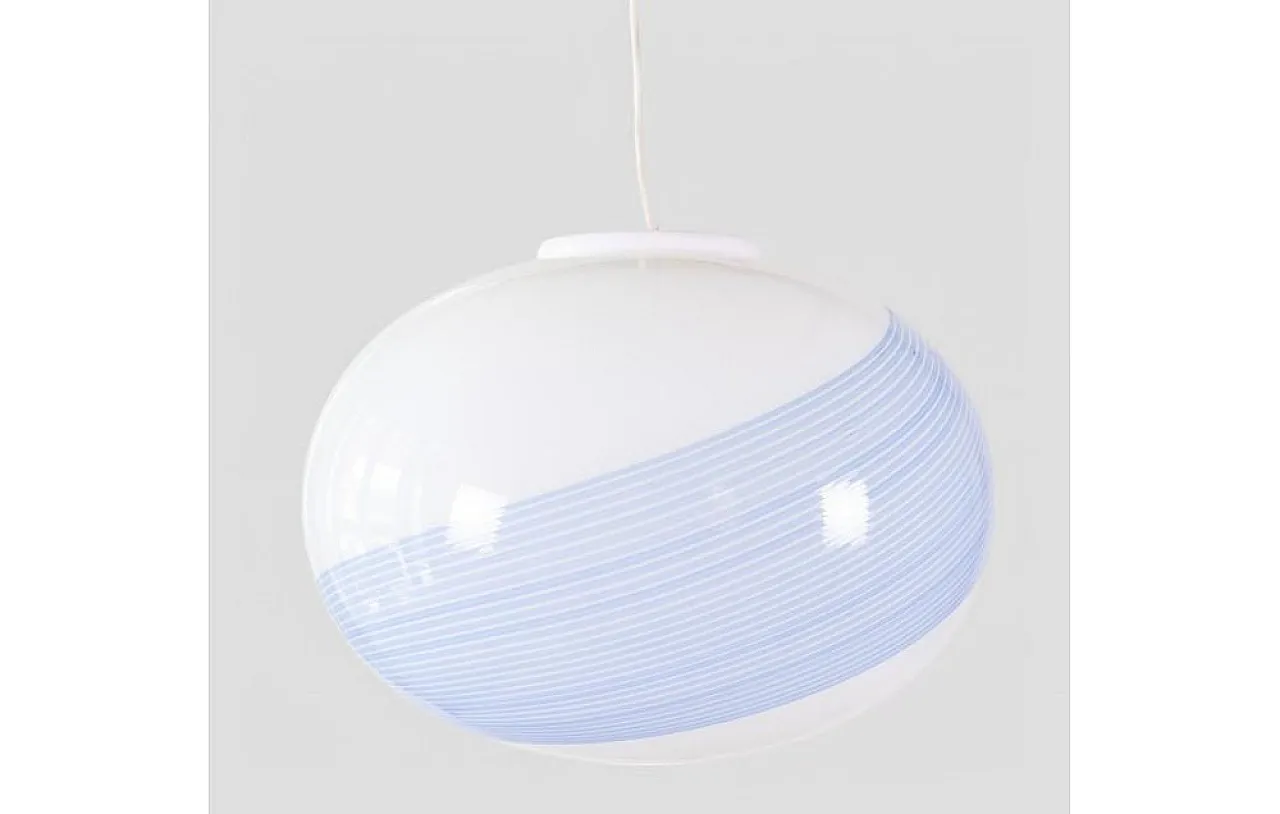 Blown glass pendant lamp with sky-blue spiral decoration, 1970s 5