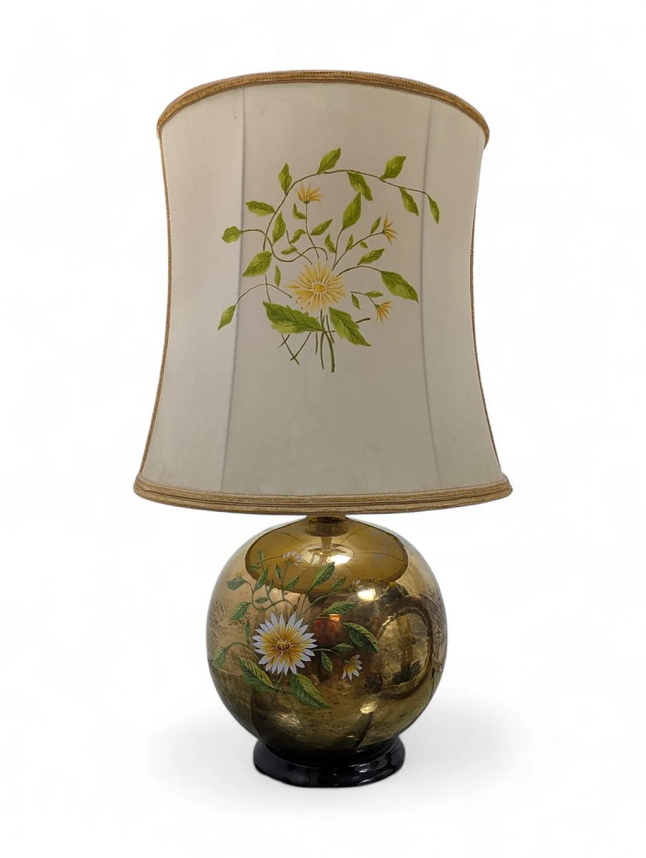 Gilded ceramic table lamp with floral decoration by Ghinza, 1970s 1