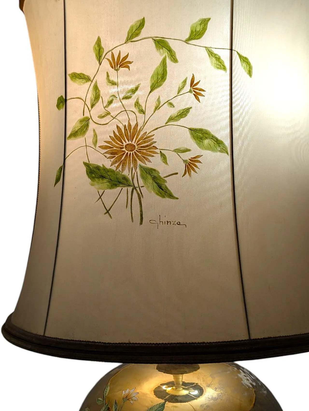 Gilded ceramic table lamp with floral decoration by Ghinza, 1970s 8