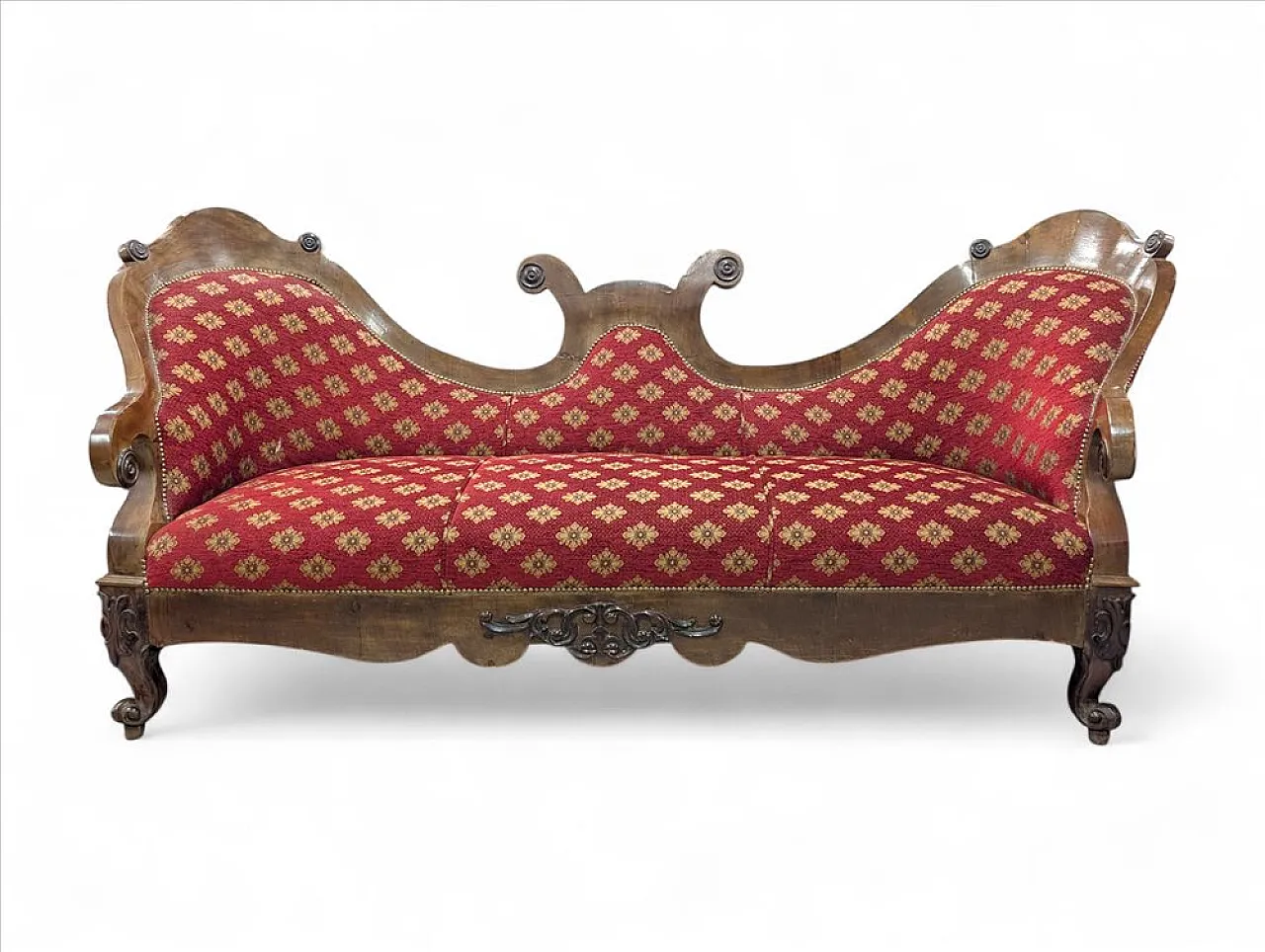 Three-seater sofa in walnut and red fabric, 19th century 1
