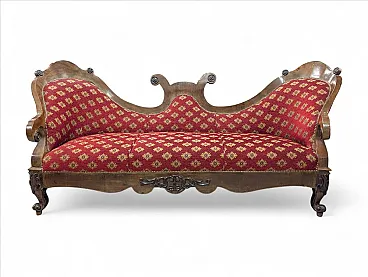 Three-seater sofa in walnut and red fabric, 19th century
