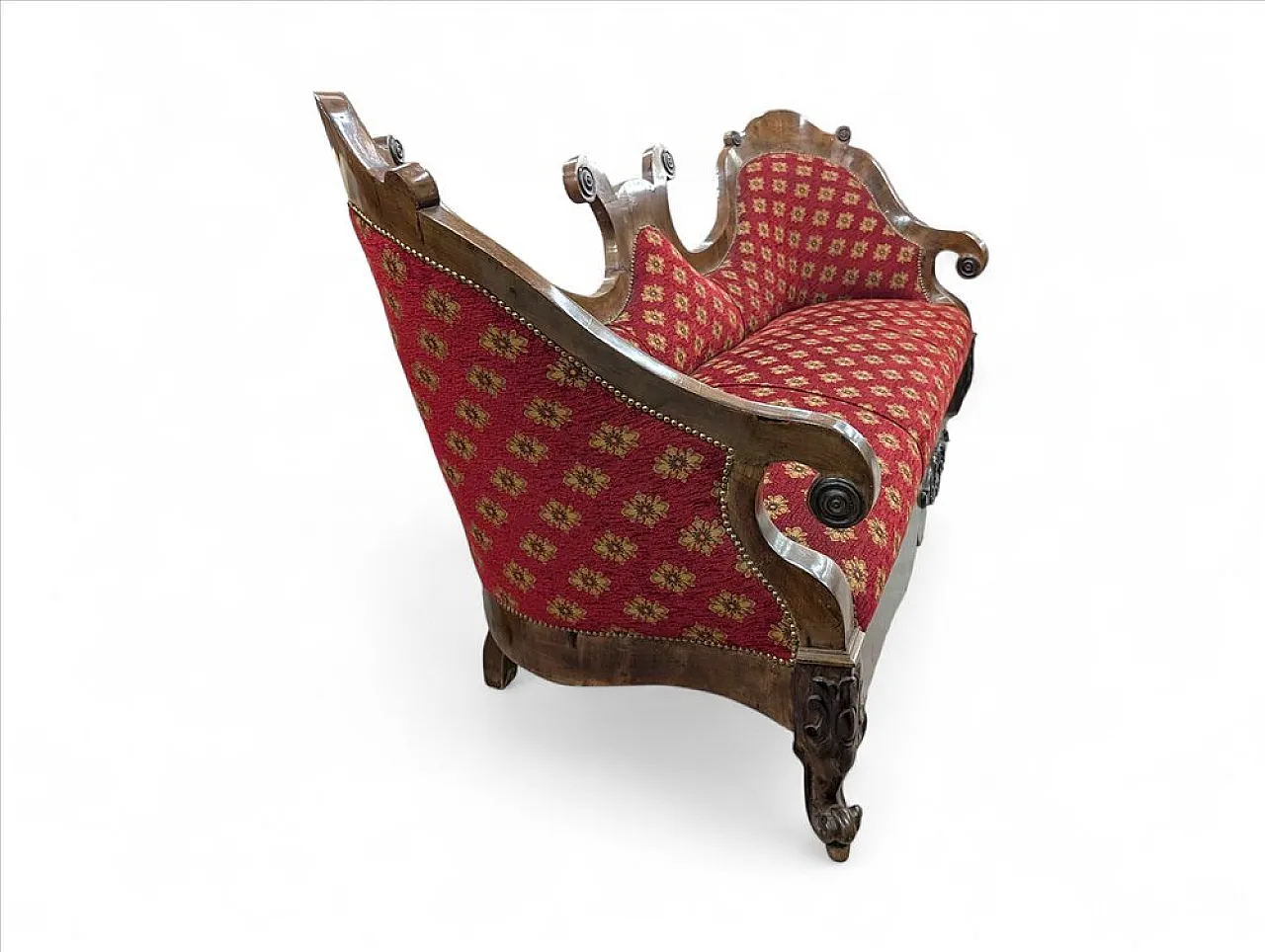 Three-seater sofa in walnut and red fabric, 19th century 3