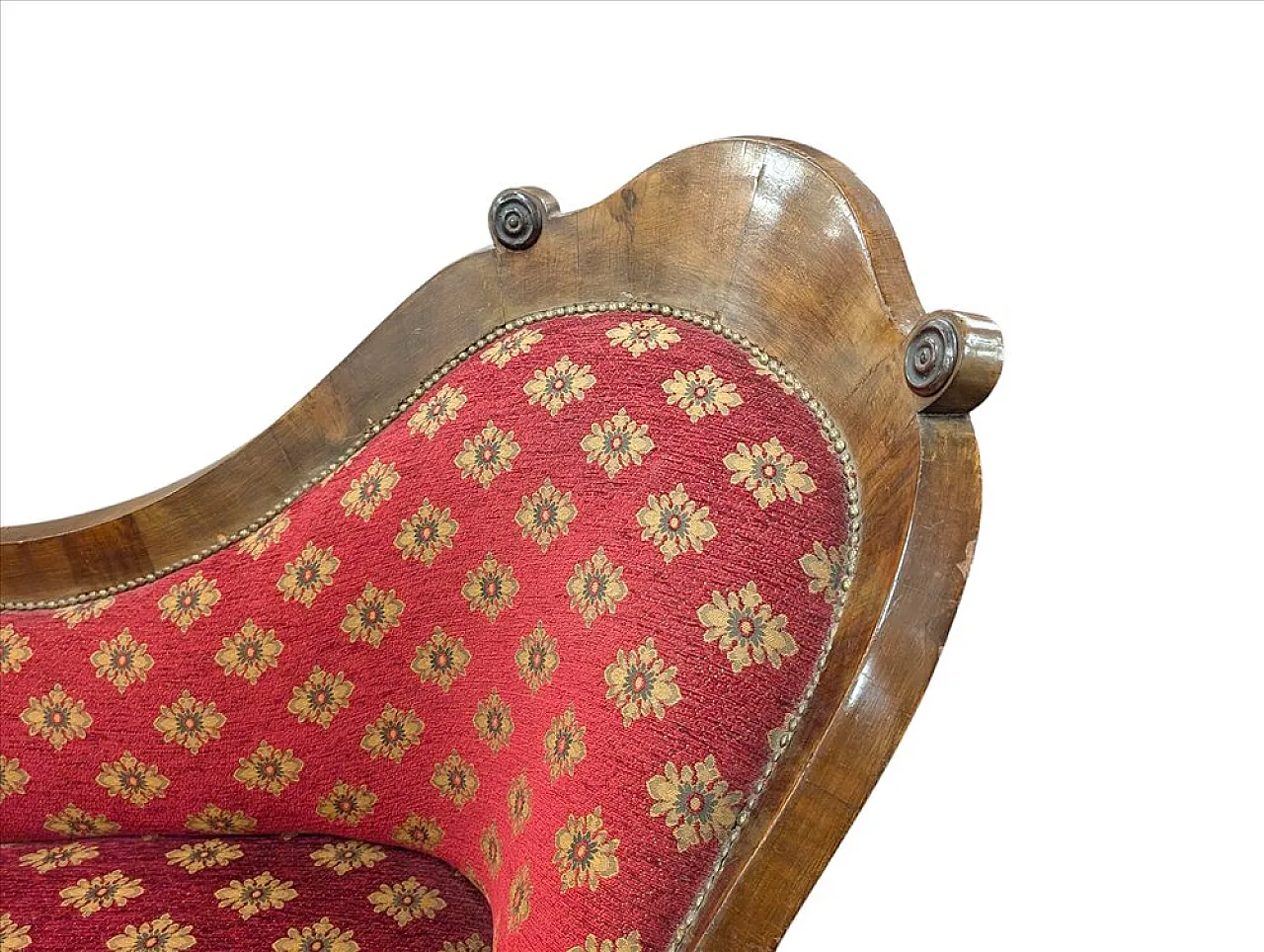 Three-seater sofa in walnut and red fabric, 19th century 5