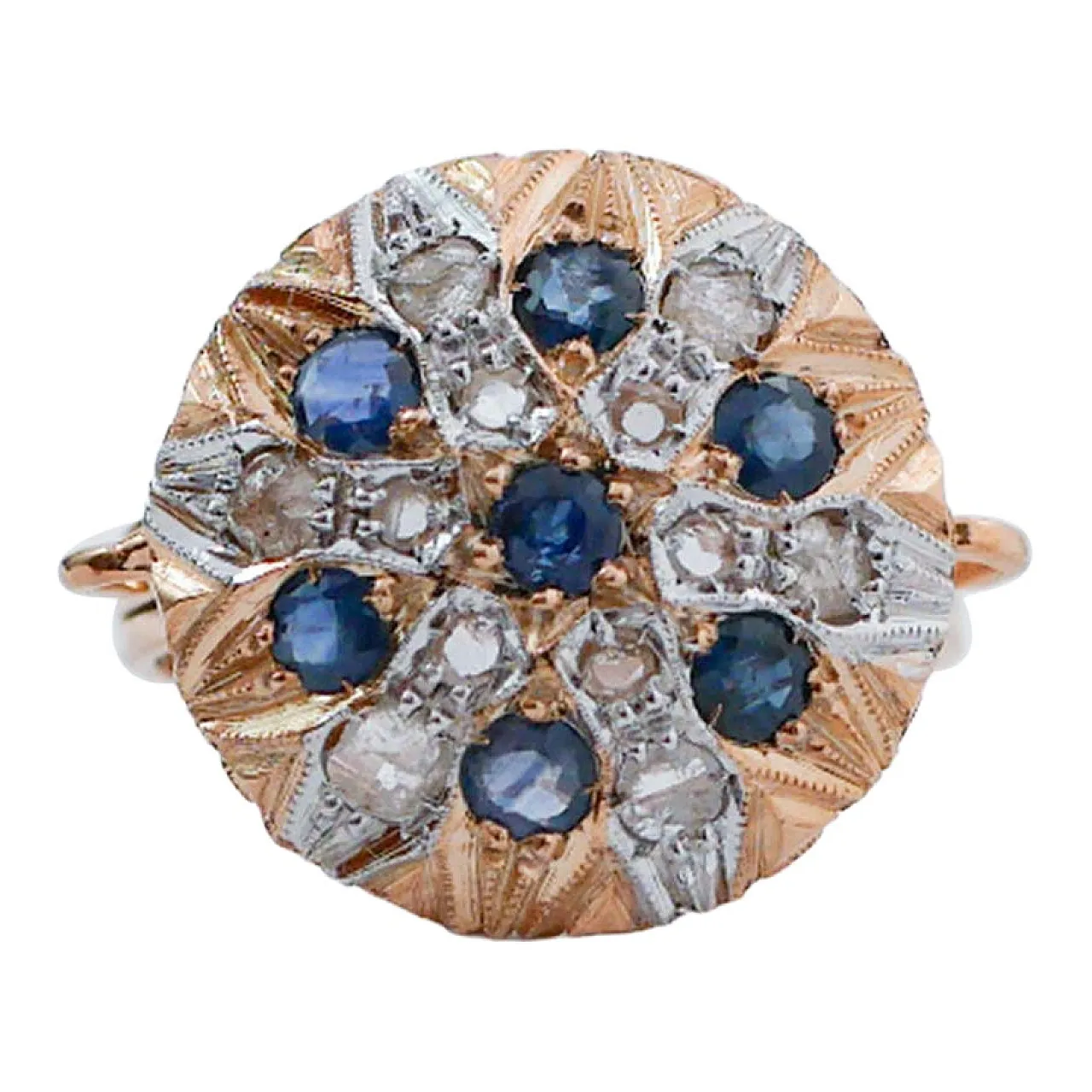 Anello con zaffiri, diamanti, oro rosa e argento, anni '60 1