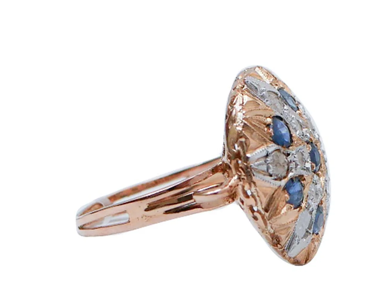 Anello con zaffiri, diamanti, oro rosa e argento, anni '60 2