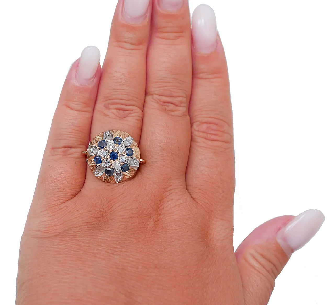 Anello con zaffiri, diamanti, oro rosa e argento, anni '60 4