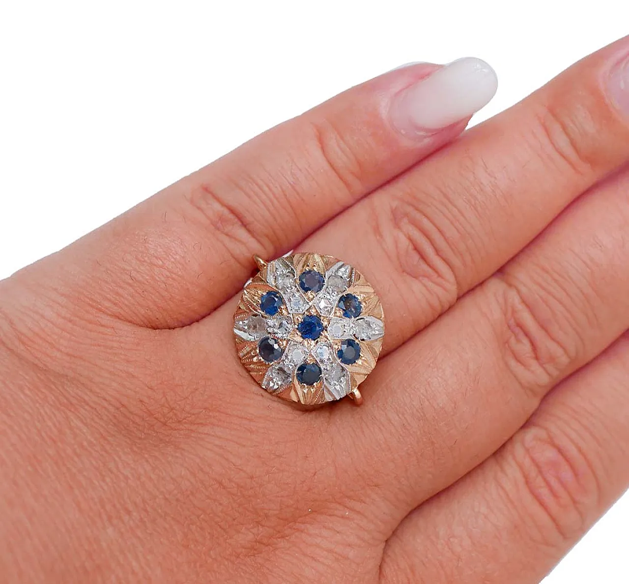 Anello con zaffiri, diamanti, oro rosa e argento, anni '60 5
