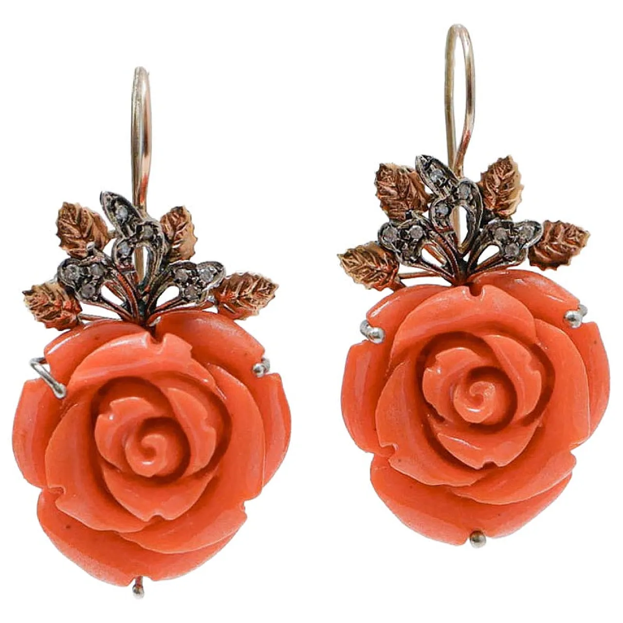 Coral, diamonds, rose gold and silver earrings, '900 1