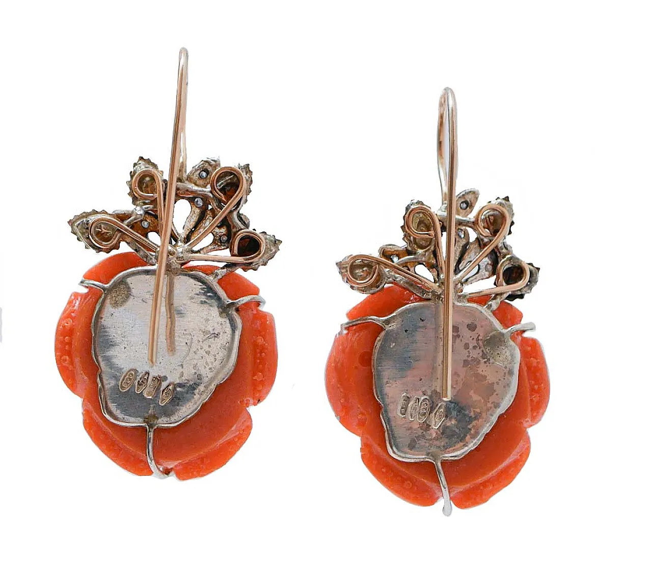 Coral, diamonds, rose gold and silver earrings, '900 3