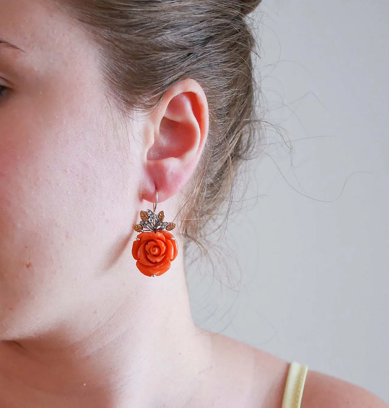 Coral, diamonds, rose gold and silver earrings, '900 4