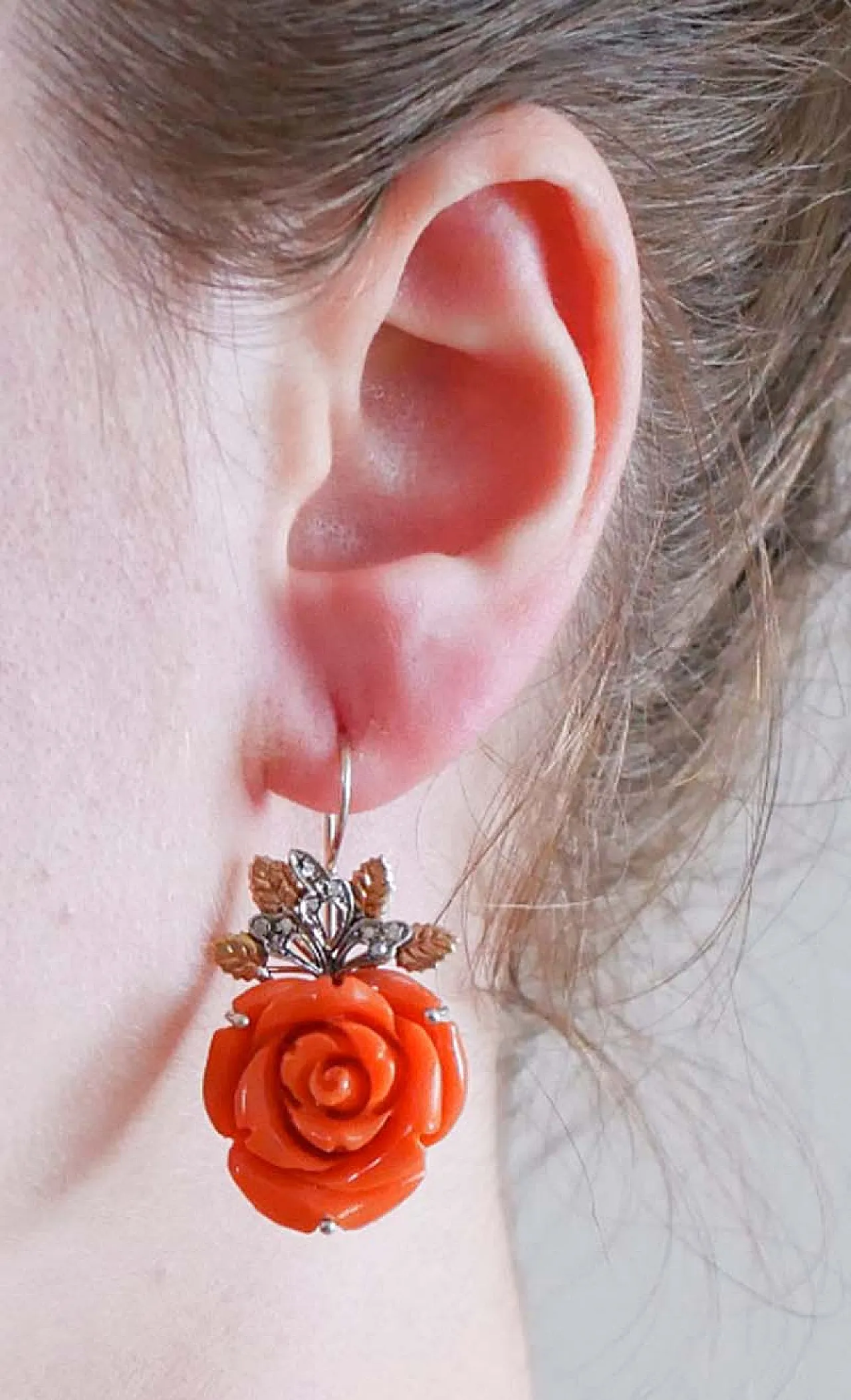 Coral, diamonds, rose gold and silver earrings, '900 5