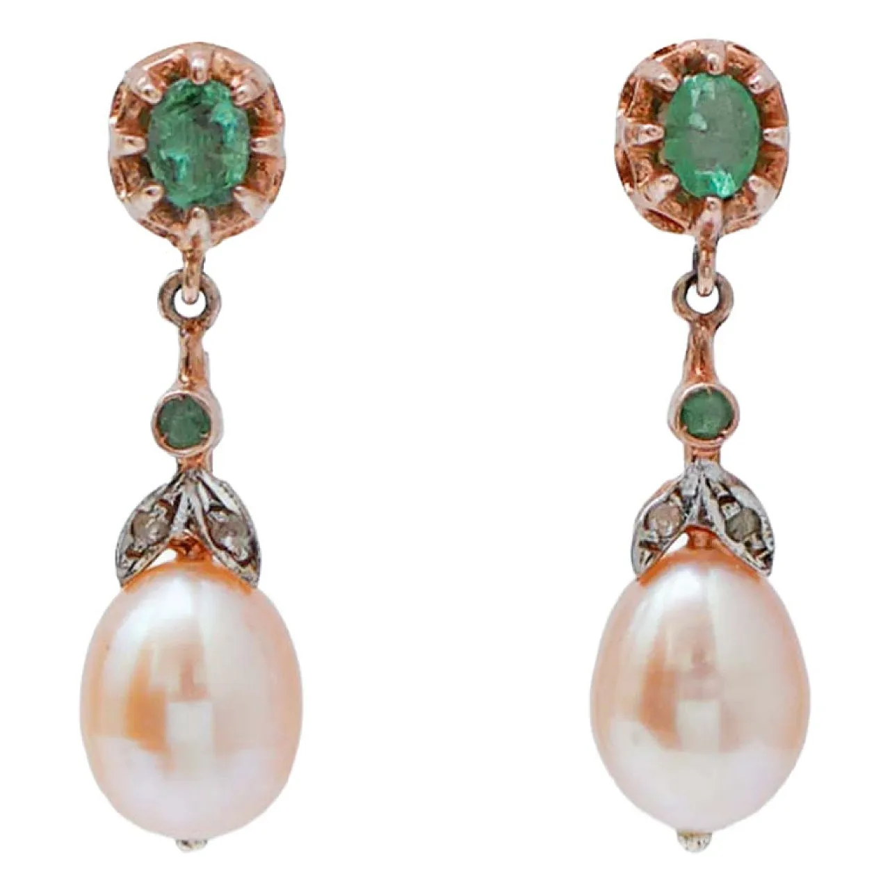 Orecchini con perle, smeraldi, diamanti, oro rosa e argento, '900 1