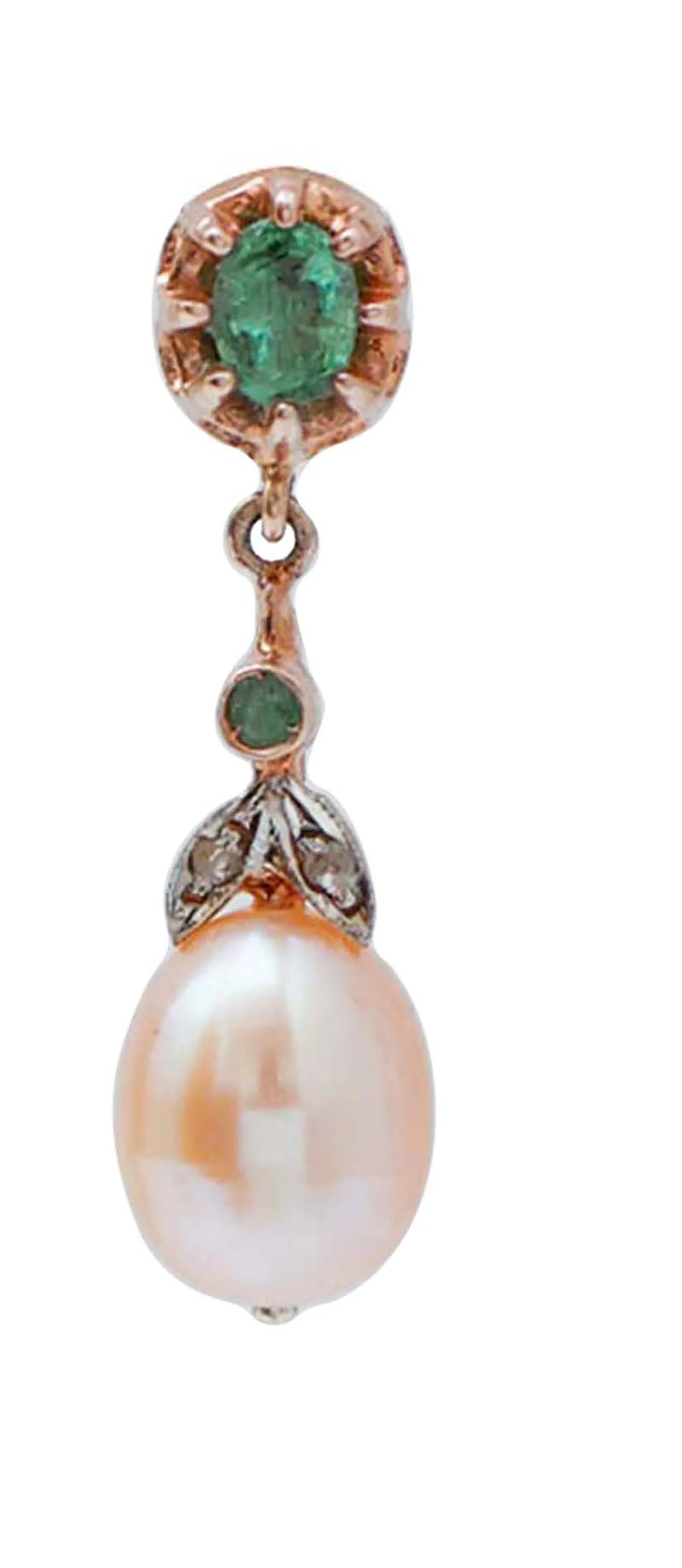 Orecchini con perle, smeraldi, diamanti, oro rosa e argento, '900 2