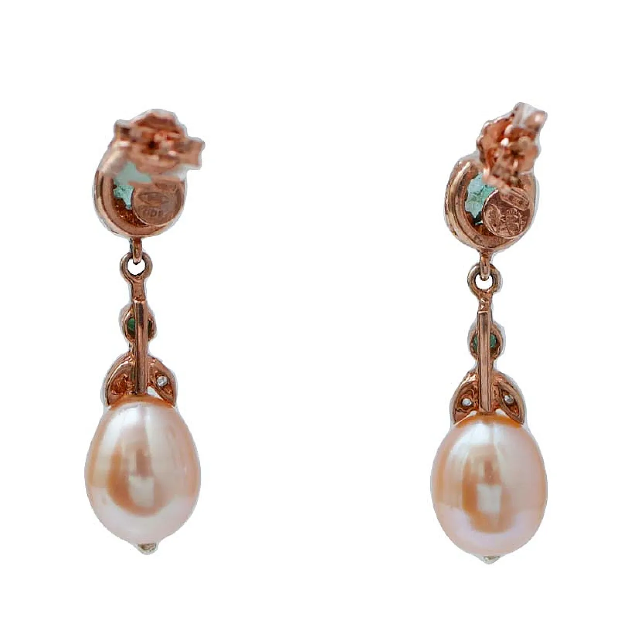 Orecchini con perle, smeraldi, diamanti, oro rosa e argento, '900 3