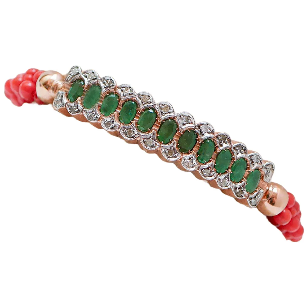 Emeralds, diamonds, coral, rose gold and silver bracelet, '900 1