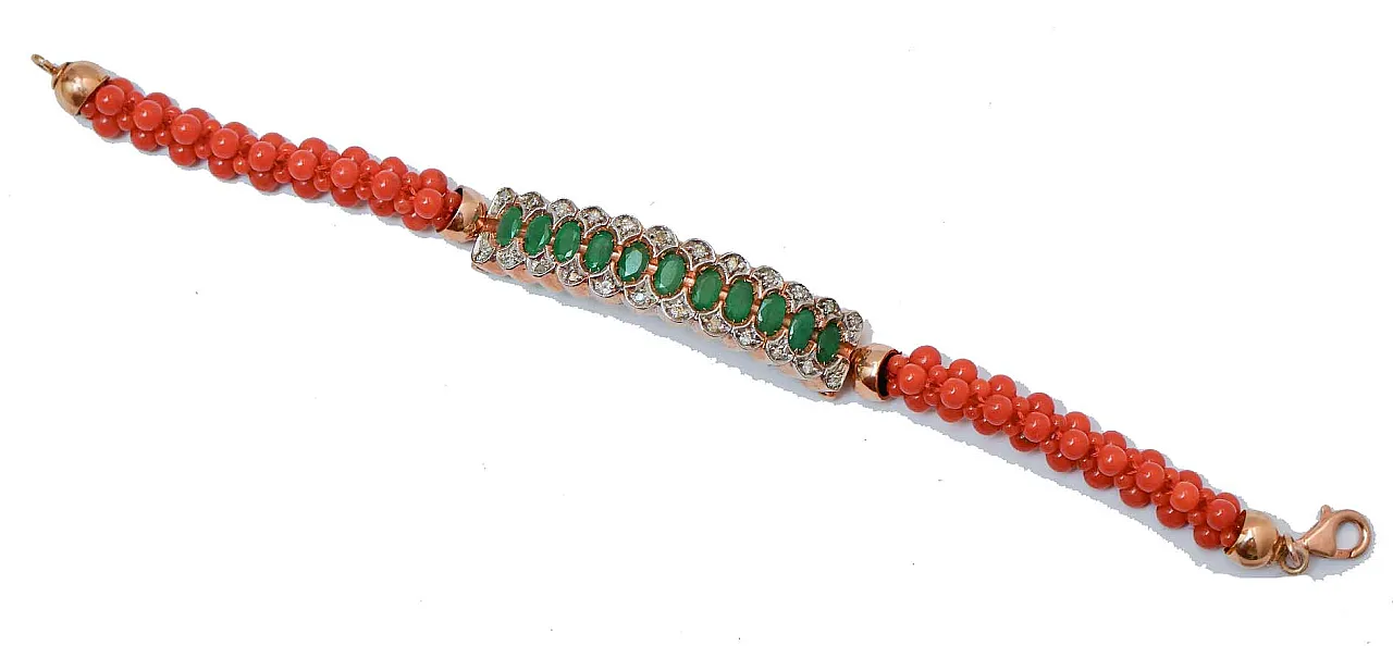 Emeralds, diamonds, coral, rose gold and silver bracelet, '900 2
