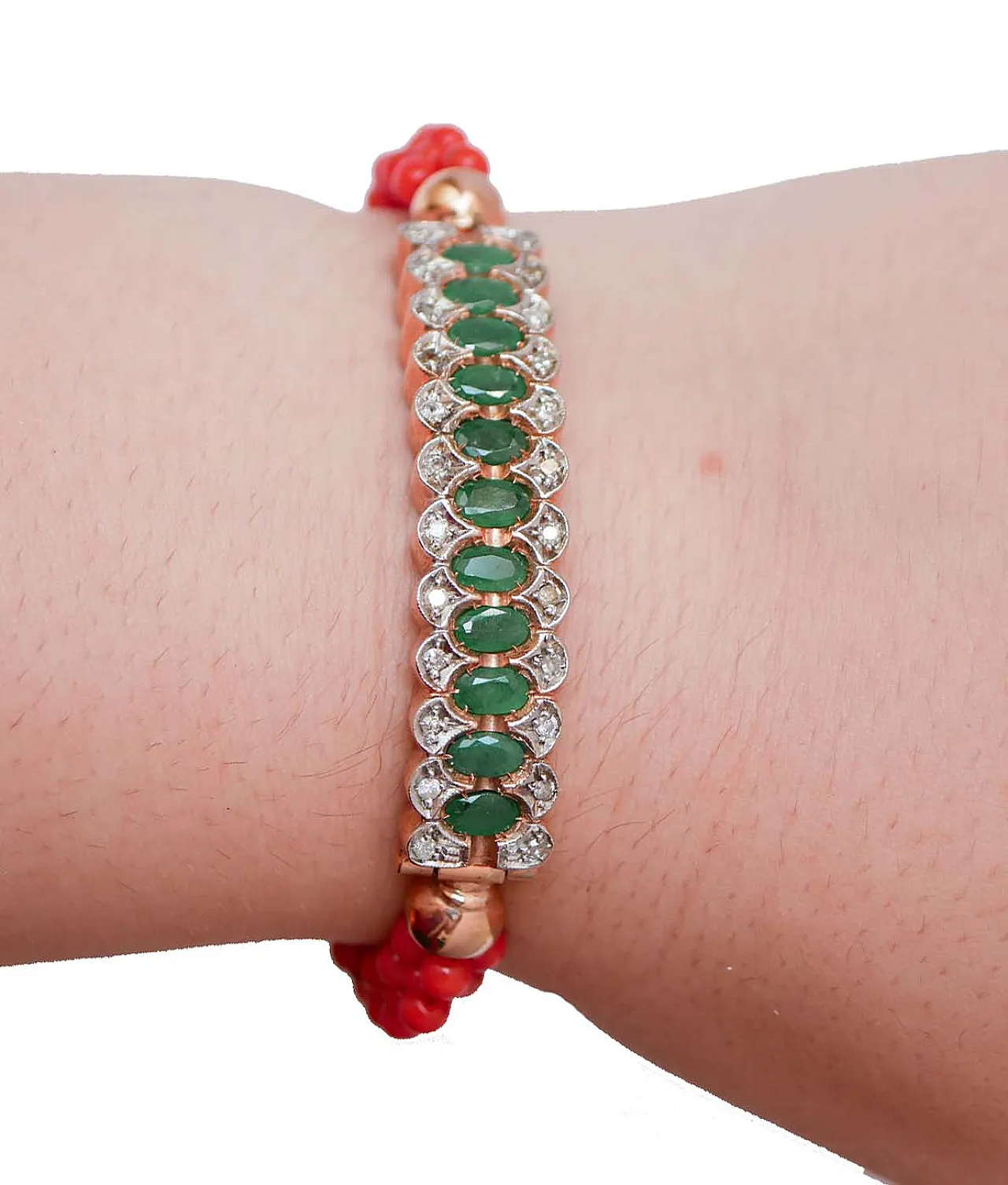 Emeralds, diamonds, coral, rose gold and silver bracelet, '900 4