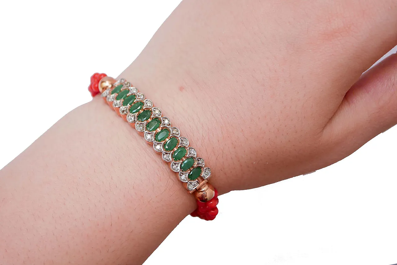 Emeralds, diamonds, coral, rose gold and silver bracelet, '900 5