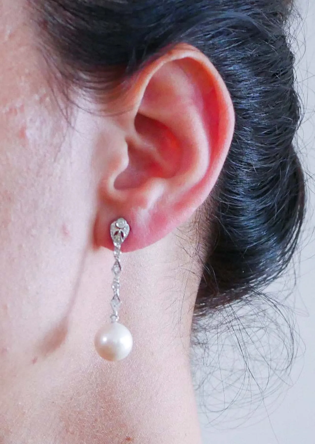 Orecchini con perle da 12 mm, diamanti e oro bianco, '900 5
