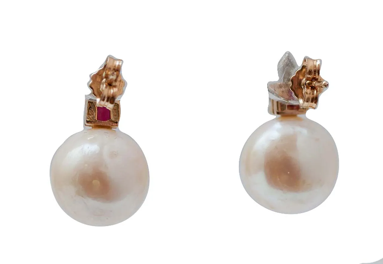 Pearls, rubies, diamonds, 14 karatrose gold earrings, 2000s 3