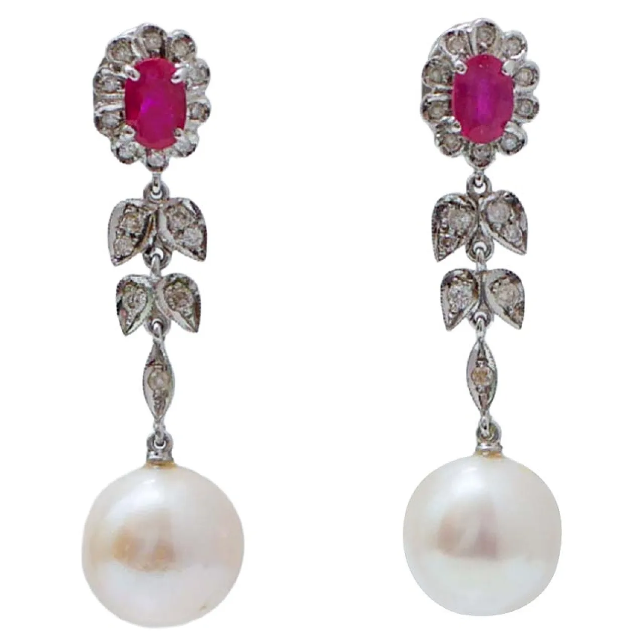 Pearls, rubies, diamonds, white gold earrings, 1960s 1