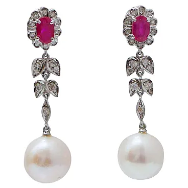 Pearls, rubies, diamonds, white gold earrings, 1960s