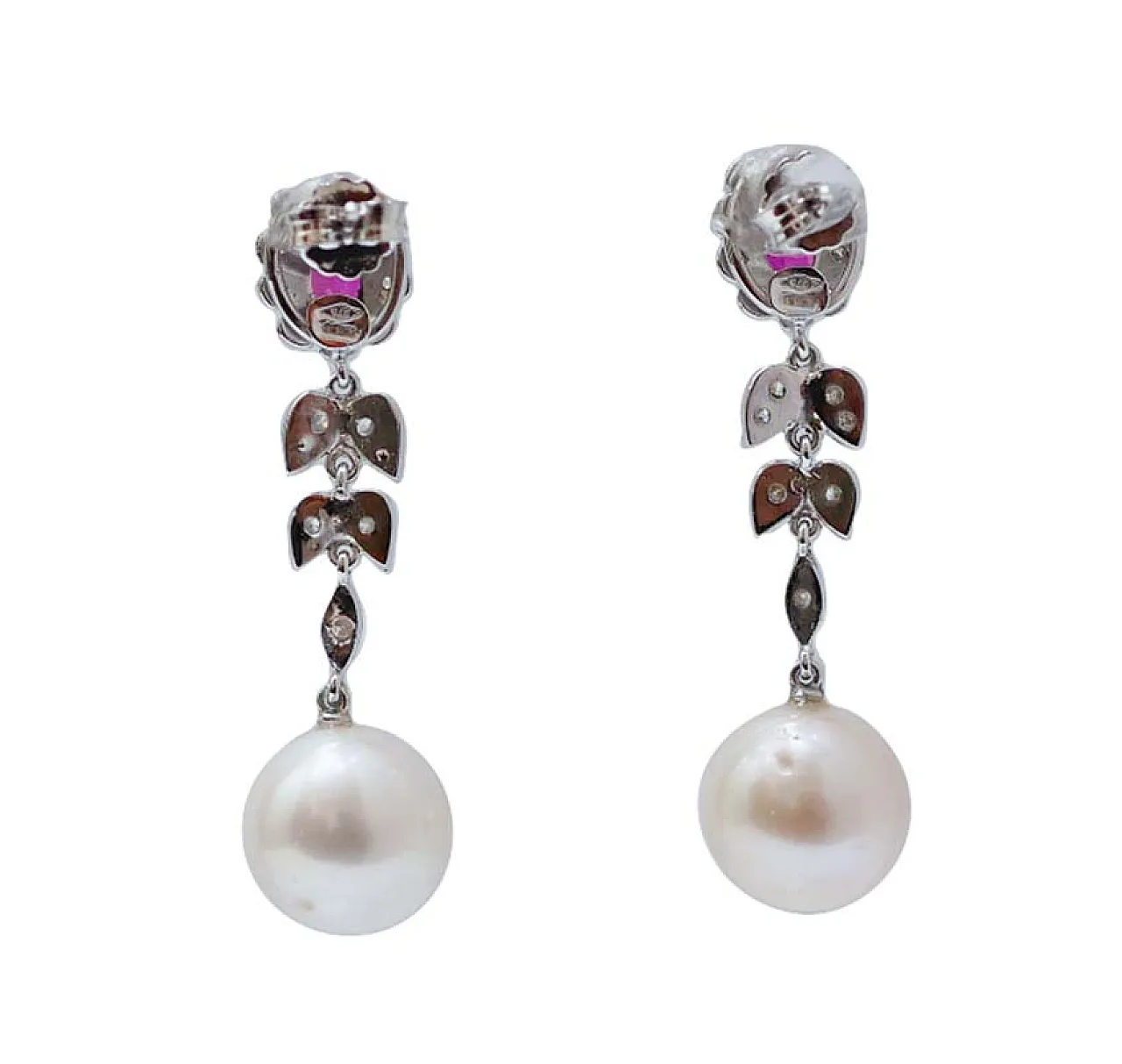 Pearls, rubies, diamonds, white gold earrings, 1960s 3