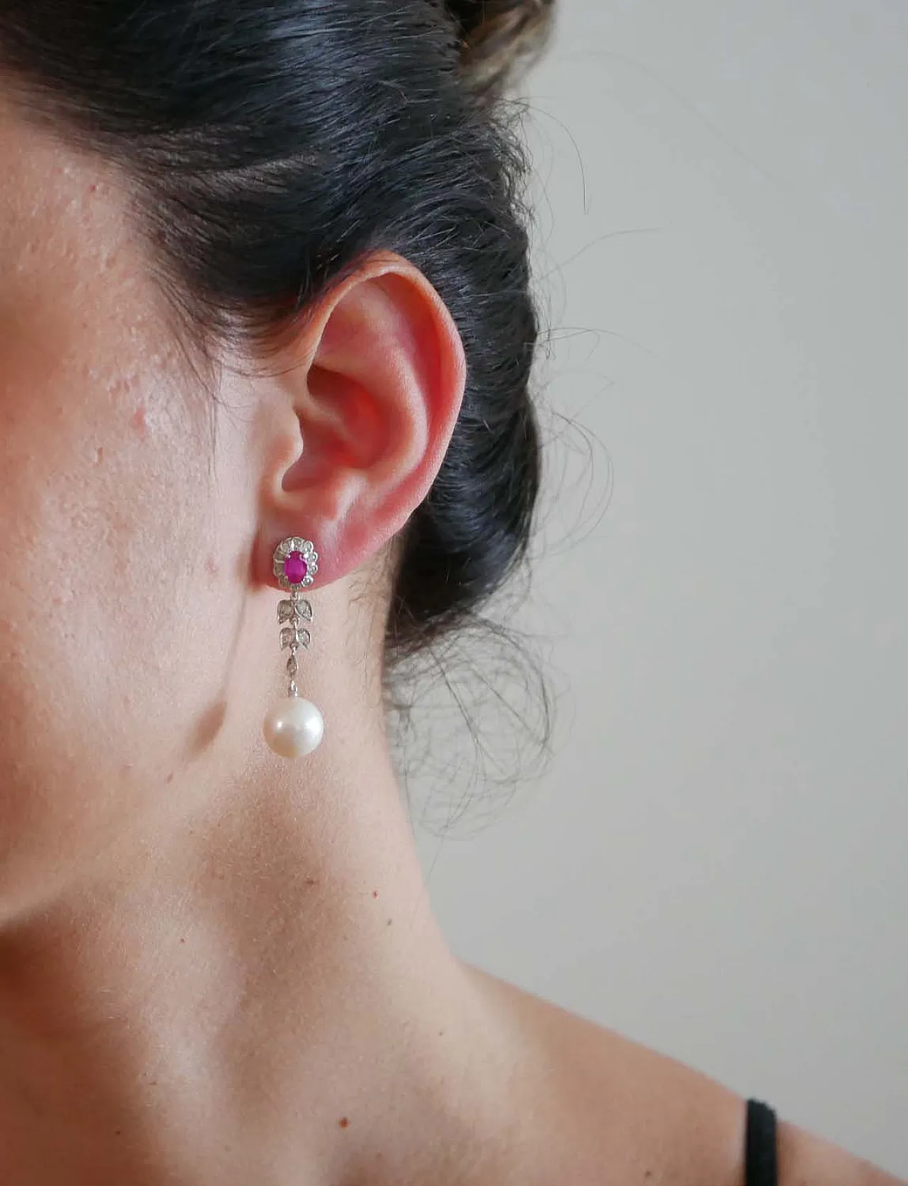 Pearls, rubies, diamonds, white gold earrings, 1960s 4