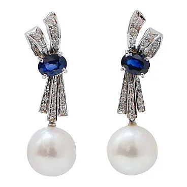 Pearls, sapphires, diamonds, white gold earrings, 1960s