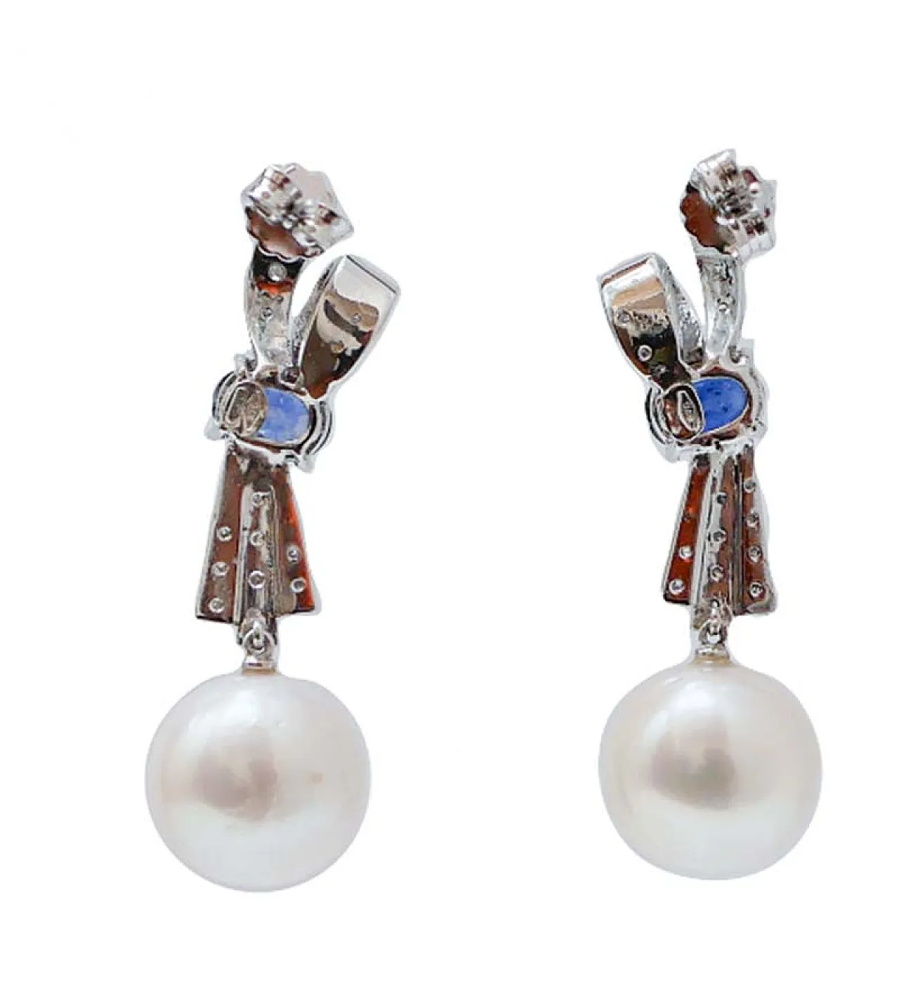Pearls, sapphires, diamonds, white gold earrings, 1960s 3