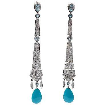 Topazs, turquoise, diamonds, platinum dangle earrings, 1960s